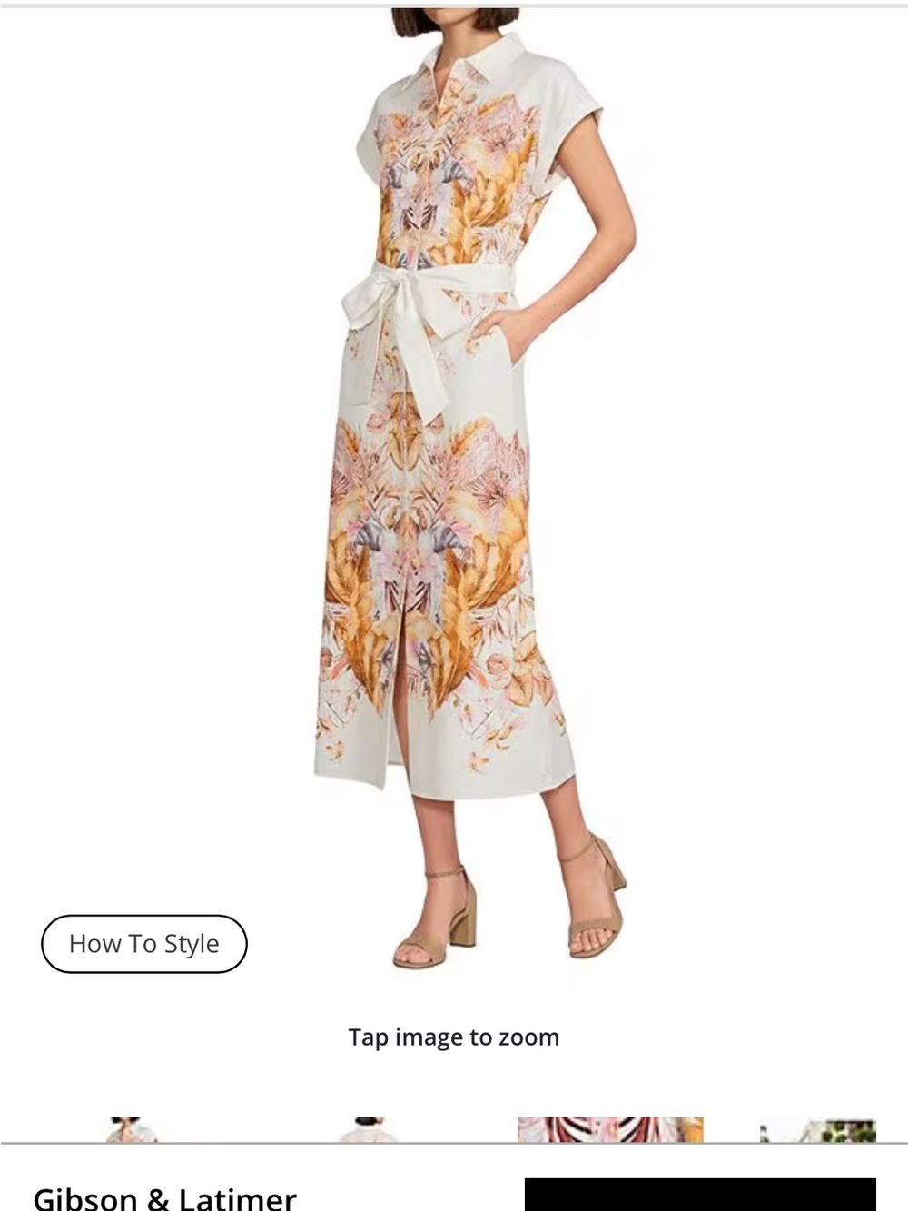 Gibson Latimer White Midi Shirt Dress with Golden Floral Print